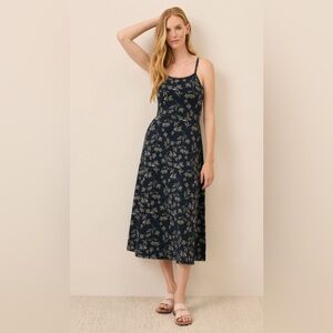 Pact Organic Fit & Flare Navy Floral Midi Dress. Small fits small/xs